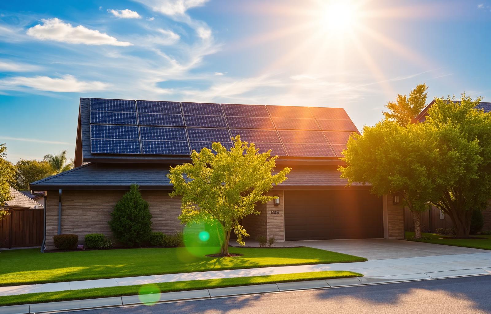 Modern home with rooftop solar panels at sunset